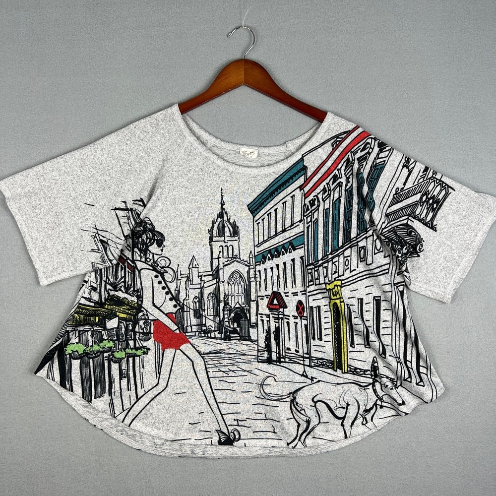 Et Lois Tunic Top Womans Medium‎ Art AOP Woman Walking Dog City Lagenlook USA